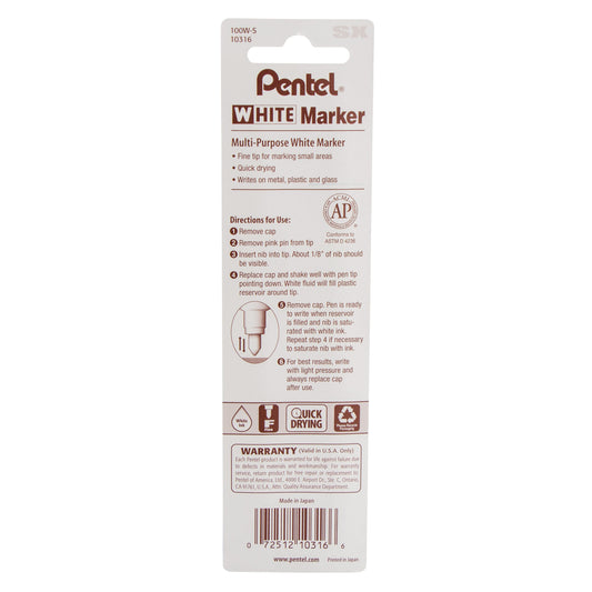 Pentel White Marker Permanent Ink Fine Point 1-Pk (100W-S), 240 Each