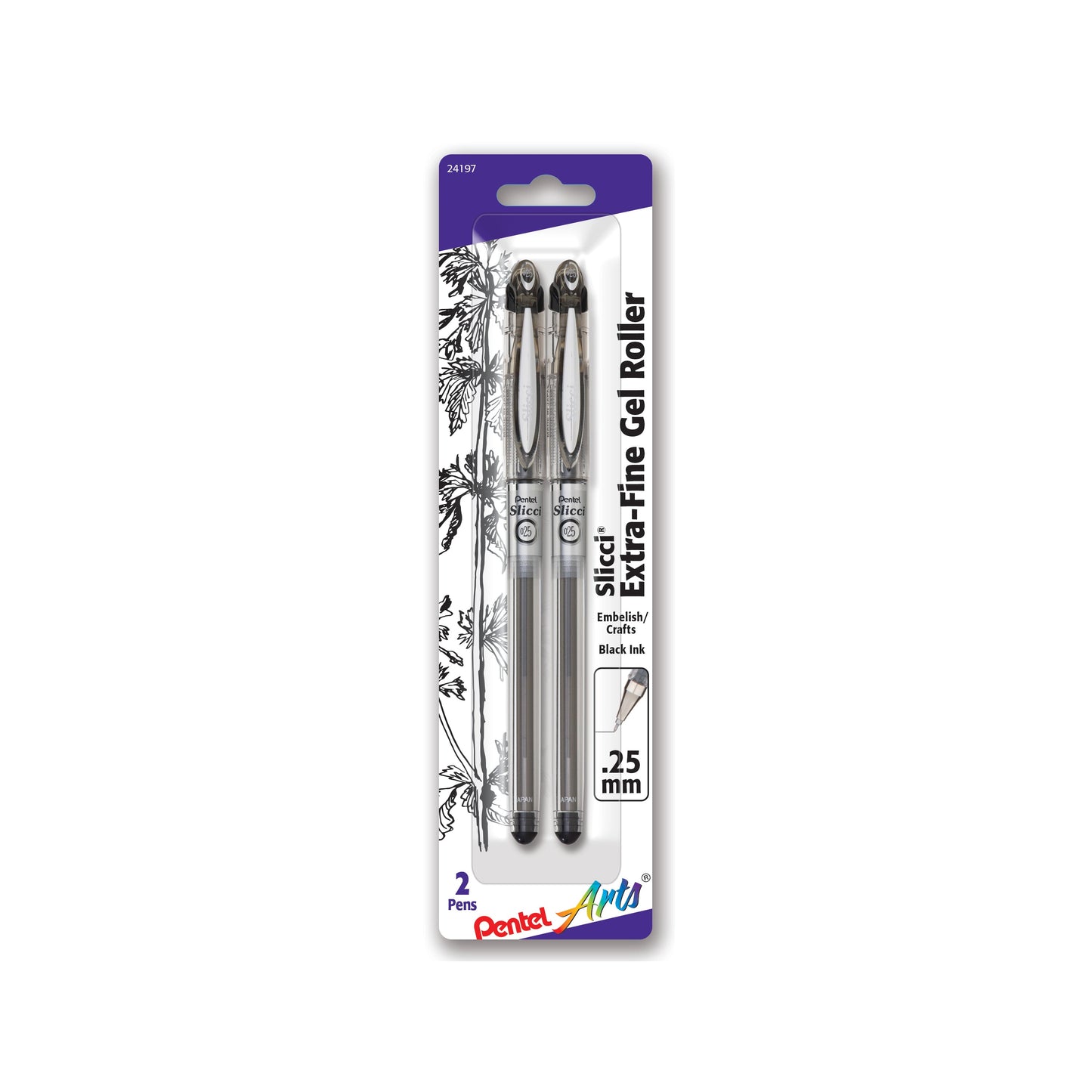 Pentel Arts Slicci (0.25mm) Extra Fine Gel Pen Black Ink 2-Pk (BG202BP2A)