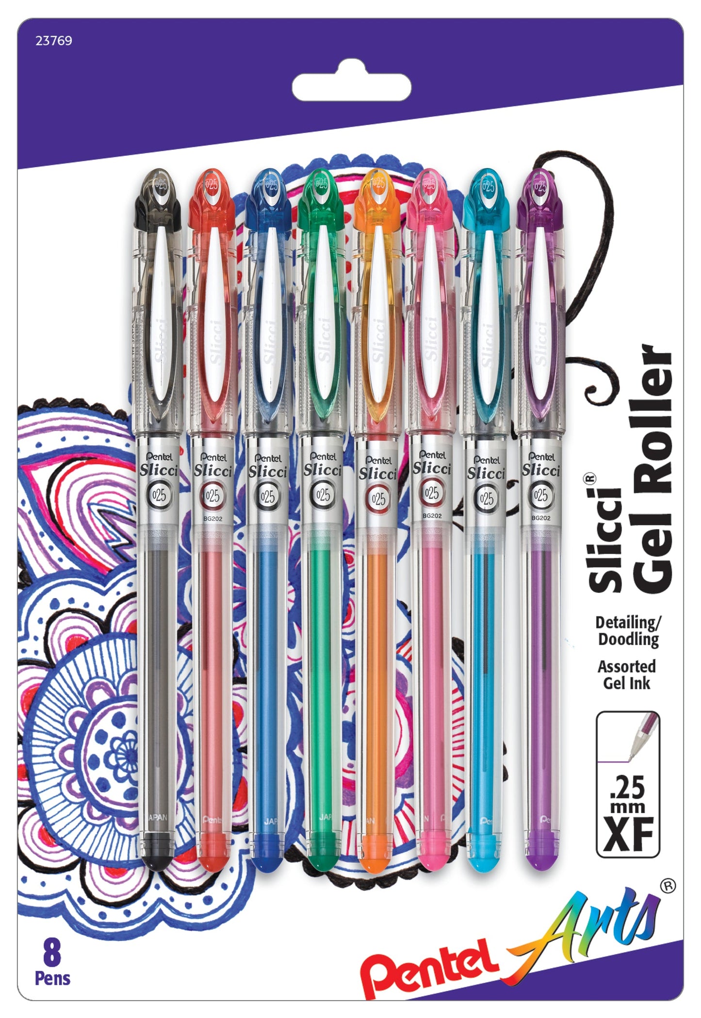 Pentel Arts Slicci (0.25mm) Extra Fine Gel Pen Assorted Ink (A/B/C/D/F/P/S2/V) 8-Pk (BG202BP8M)