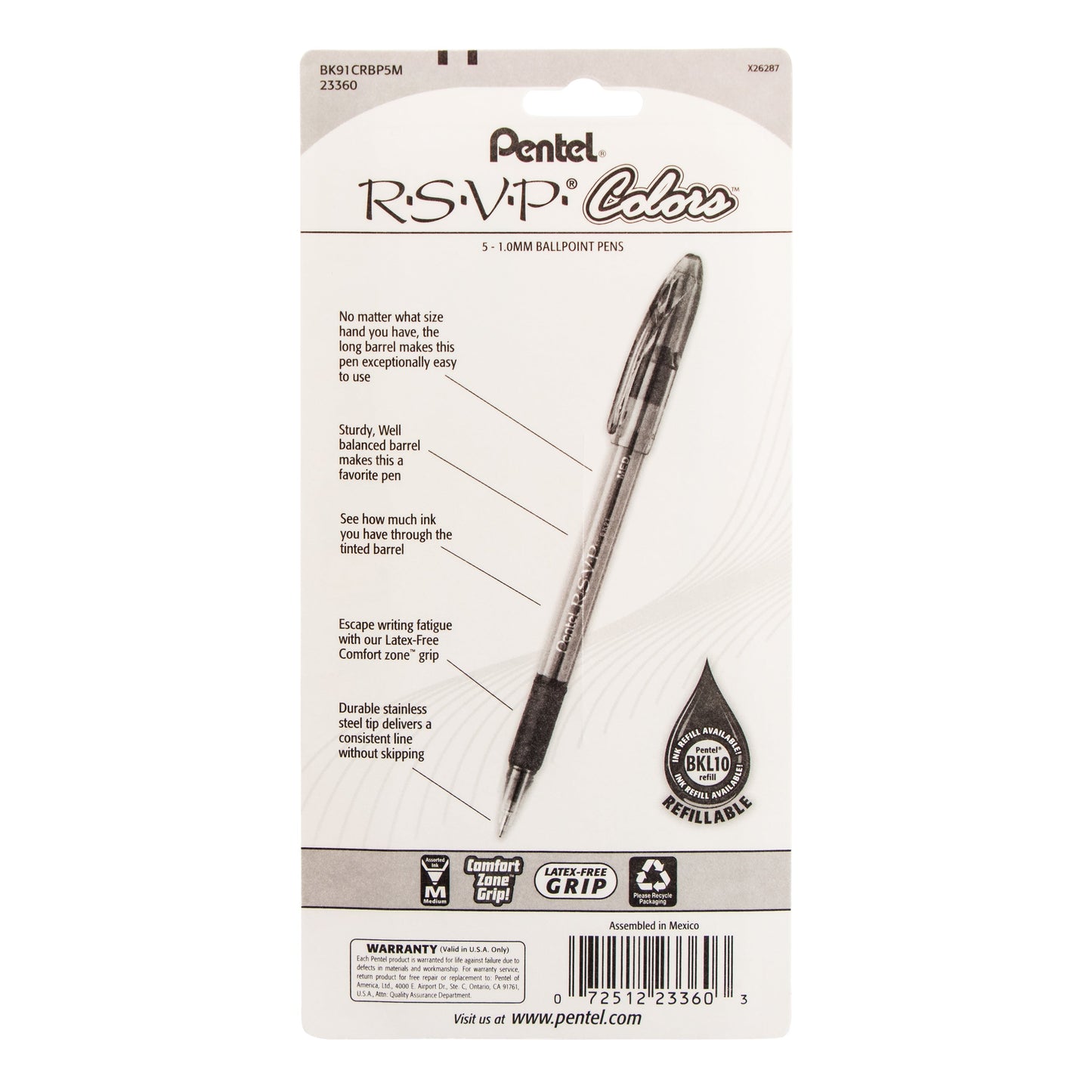Pentel RSVP COLORS Ballpoint Pen, (1.0mm) Medium Line, Assorted Ink (D/F/P/S/V), 5-Pk (BK91CRBP5M)