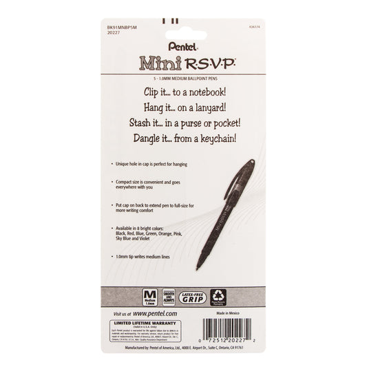 Pentel RSVP Mini Ballpoint Pen, (1.0mm) Medium Line, Assorted Ink (A/B/C/D/V) w/ Key Ring, 5-Pk (BK91MNBP5M), 144 Each