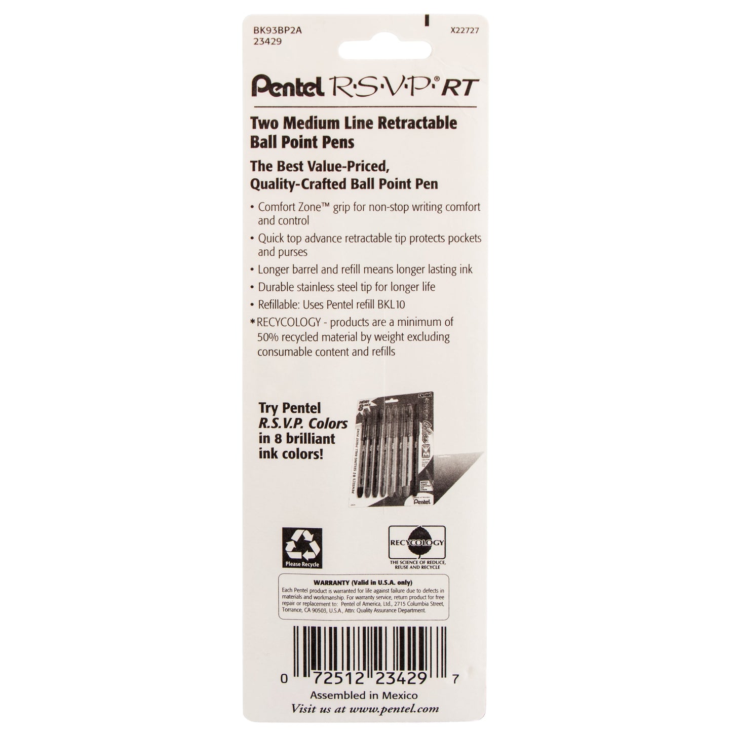 RSVP RT Retractable Ballpoint Pen, (1.0mm) Medium Line, Black Ink 2-Pk (BK93BP2A)