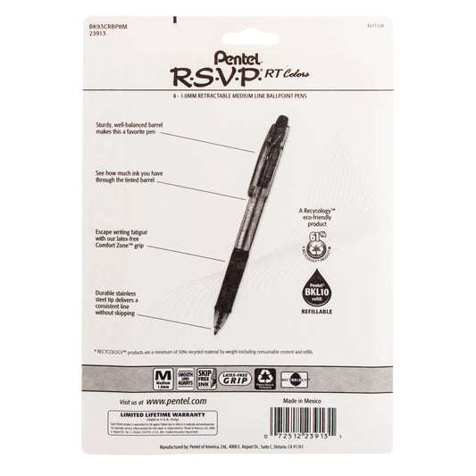 Pentel RSVP RT COLORS Retractable Ballpoint Pen, (1.0mm) Medium Line, Asstd Ink (A/B/C/D/F/P/S/V) 8-Pk (BK93CRBP8M), 72 Each