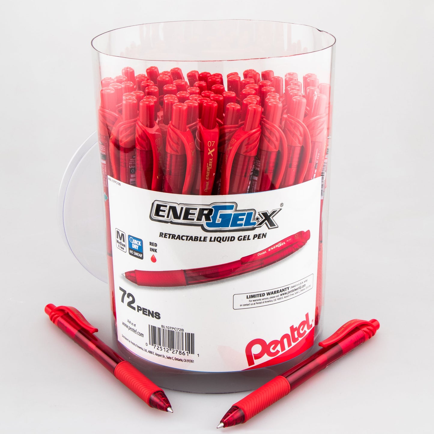 Pentel EnerGel-X Retractable Gel Pen, (0.7mm) Med. line, Red Ink, 72-pk Canister (BL107PC72B)