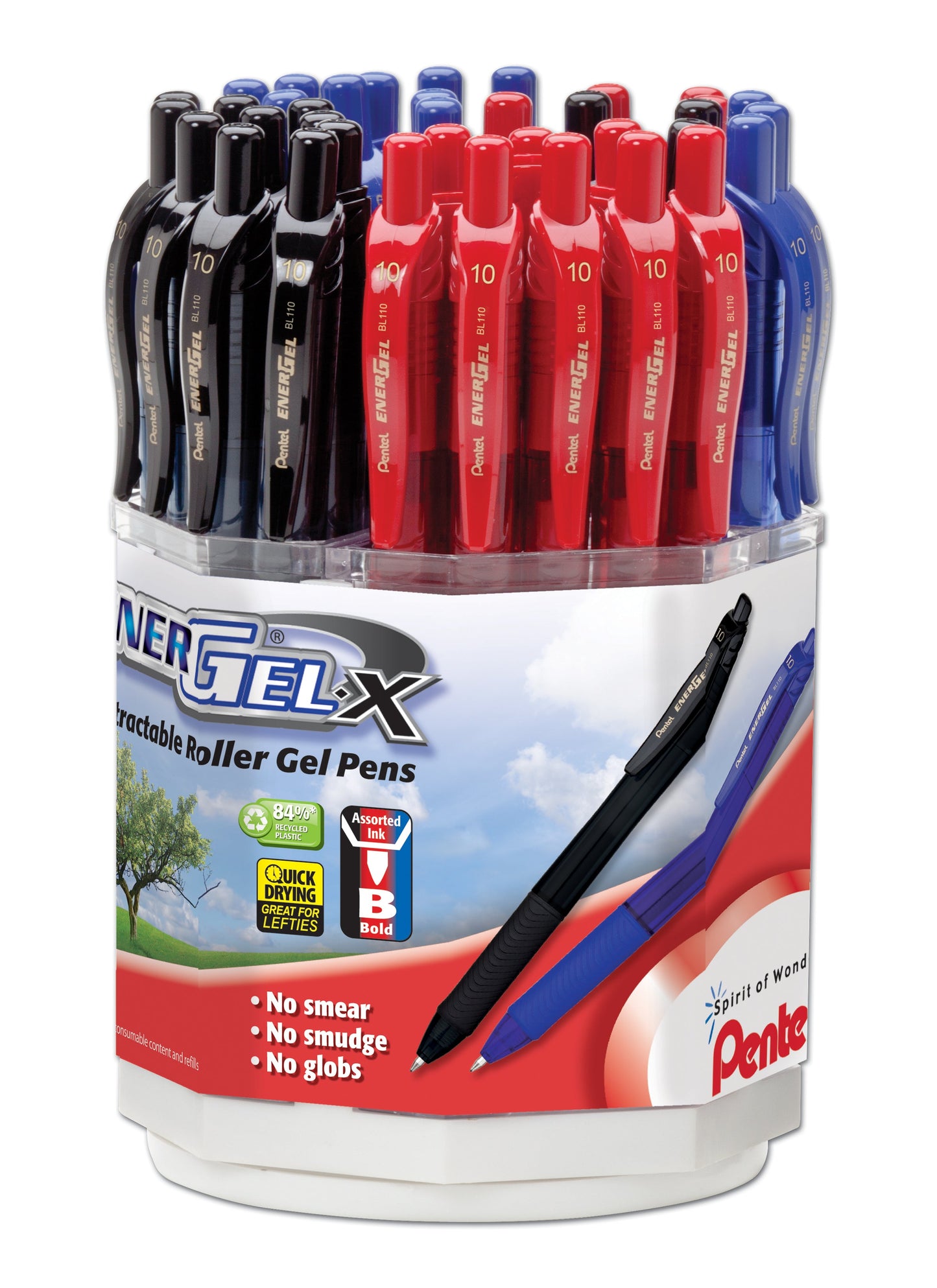 EnerGel-X Retractable Liquid Gel Pen, (1.0mm) Bold Line, Metal Tip, Assorted Ink, Spinner Display - 36 Pieces (BL110-3)