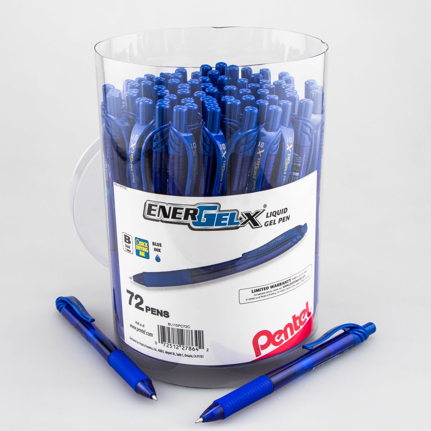 Pentel EnerGel-X Retractable Gel Pen, (1.0mm) Bold line, Blue Ink, 72-pk Canister (BL110PC72C)