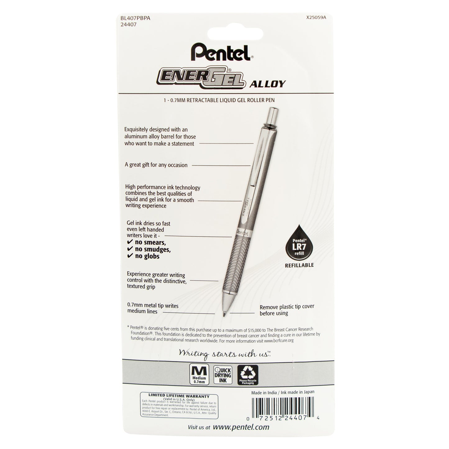 Pentel PINK BCA EnerGel Alloy Retractable Premium Liquid Gel Pen, (0.7mm) Metal Tip, Medium Line, Pink Barrel, Black Ink 1-Pk (BL407PBPA)