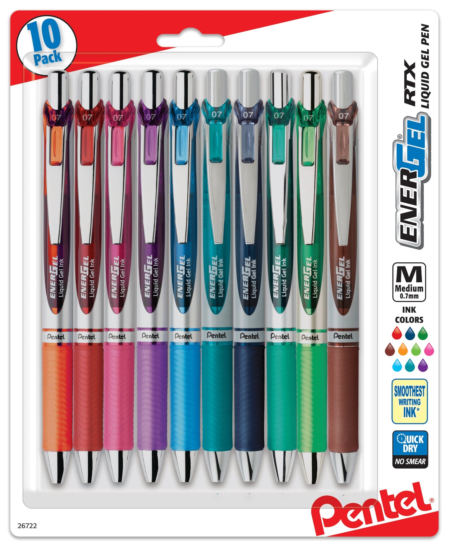 EnerGel RTX Retractable Liquid Gel Pen, (0.7mm) Medium Line, Metal Tip, Assorted Ink (B/P/F/D/S/CA/E/K/V/S3) 10-Pk (BL77BP10M)