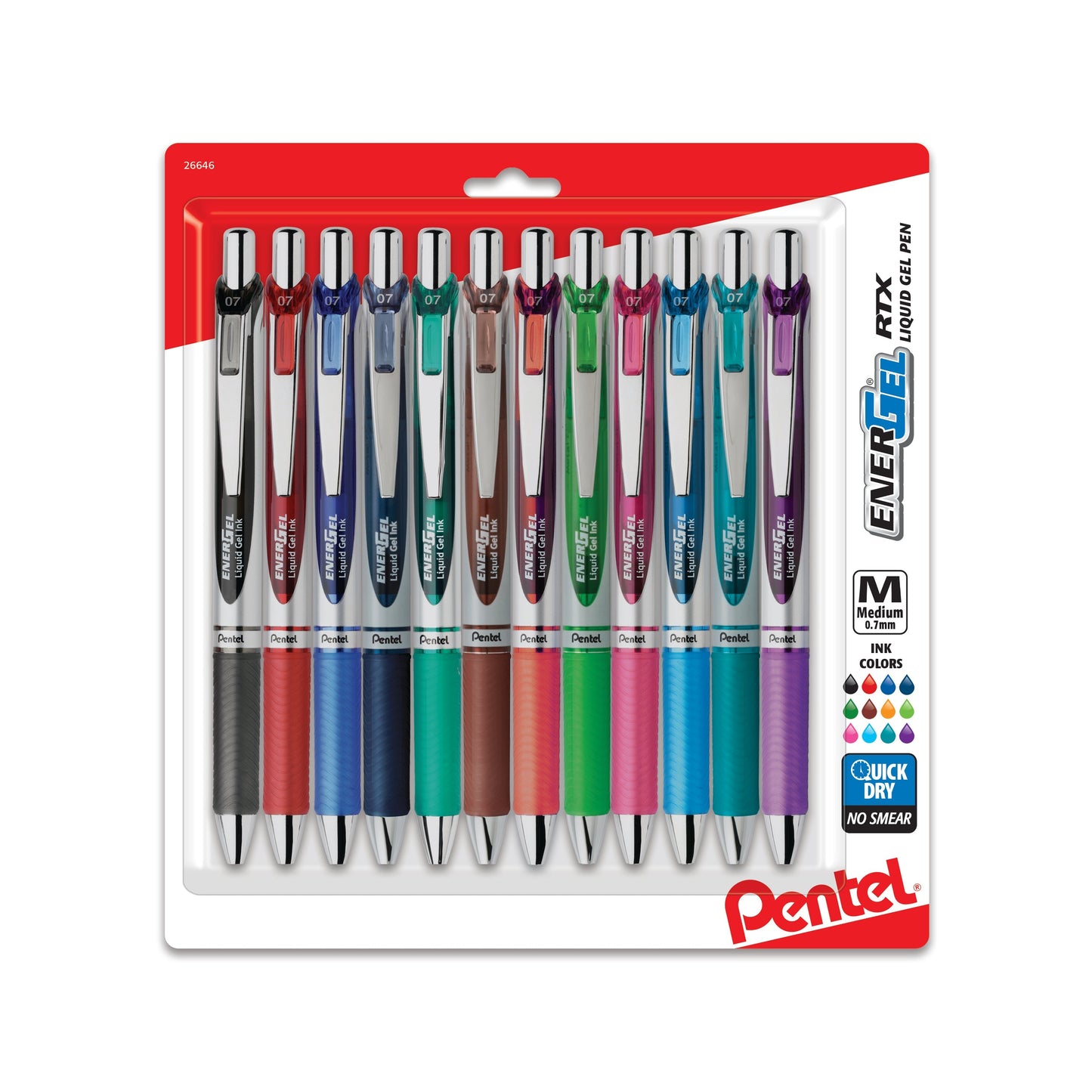 Pentel EnerGel RTX Retractable Liquid Gel Pen, (0.7mm) Medium Line, Assorted Ink (A/B/C/CA/D/E/F/K/P/S/S3/V),12-Pk (BL77BP12M)