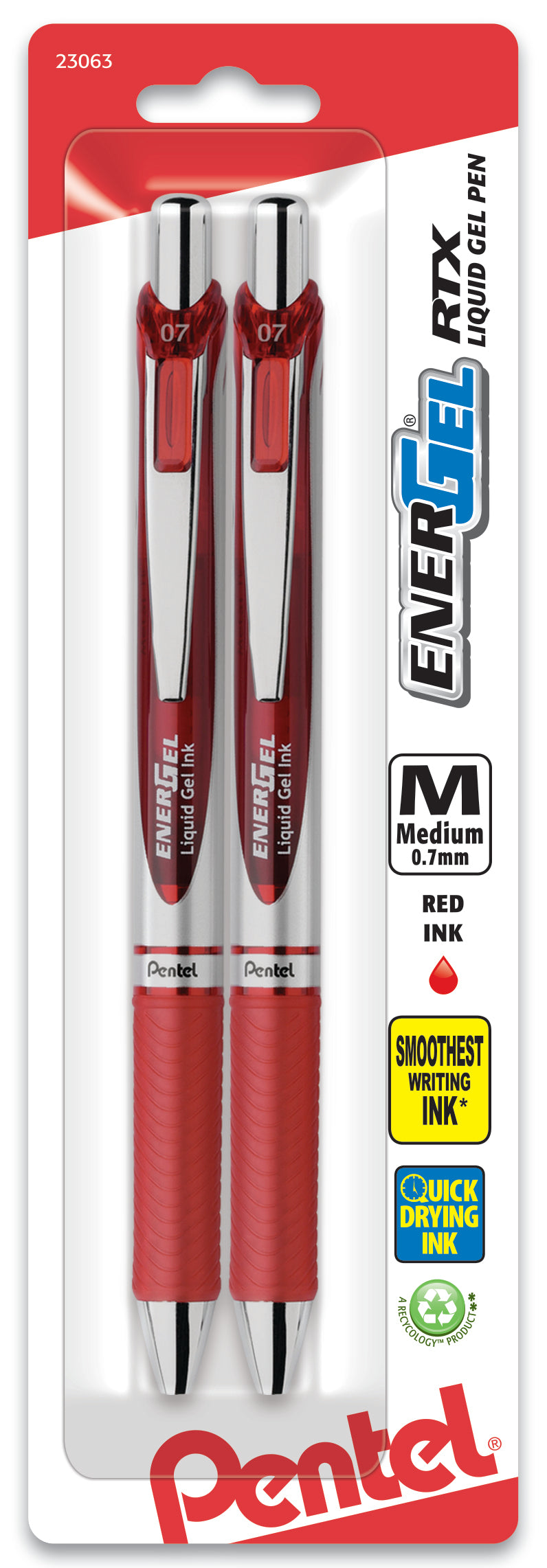 EnerGel RTX Retractable Liquid Gel Pen, (0.7mm) Metal Tip, Medium Line, Red Ink 2-Pk (BL77BP2B)
