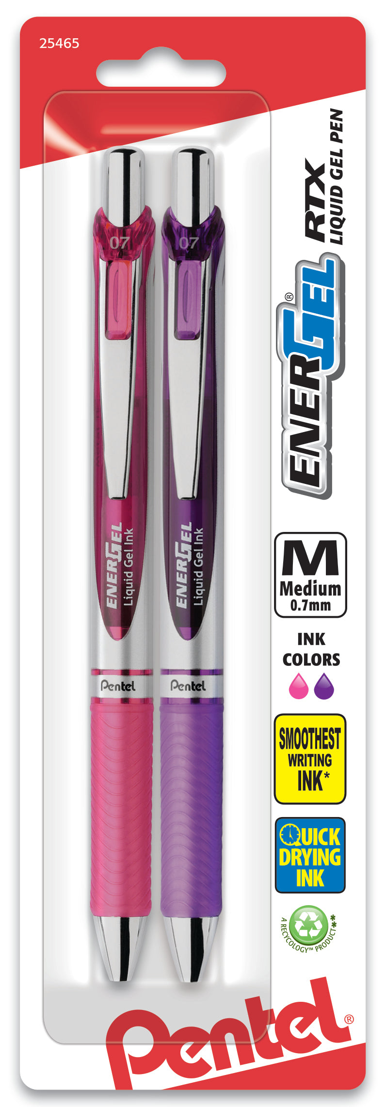 EnerGel RTX Retractable Liquid Gel Pen, (0.7mm) Metal Tip, Medium Line, Pink/Violet Ink 2-Pk (BL77BP2PV)