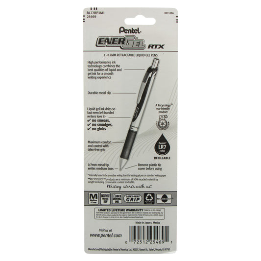 Pentel EnerGel RTX Retractable Liquid Gel Pen, (0.7mm) Metal Tip, Medium Line, Assorted Ink (P/S/V) 3-Pk (BL77BP3M1), 144 Each