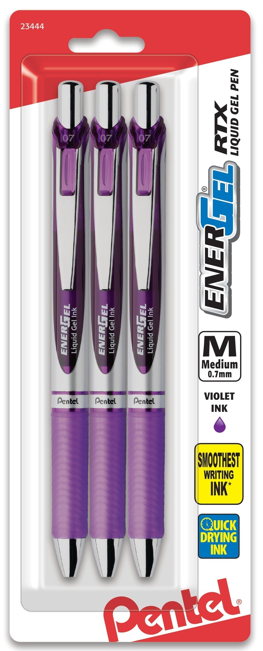 Pentel EnerGel RTX Retractable Liquid Gel Pen, (0.7mm) Metal Tip, Medium Line, Violet Ink 3-Pk (BL77BP3V)