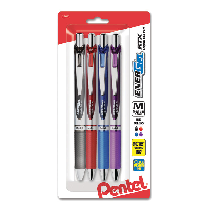 EnerGel RTX Retractable Liquid Gel Pen, (0.7mm) Metal Tip, Medium Line, Assorted Ink (A/B/C/V) 4-Pk (BL77BP4M)