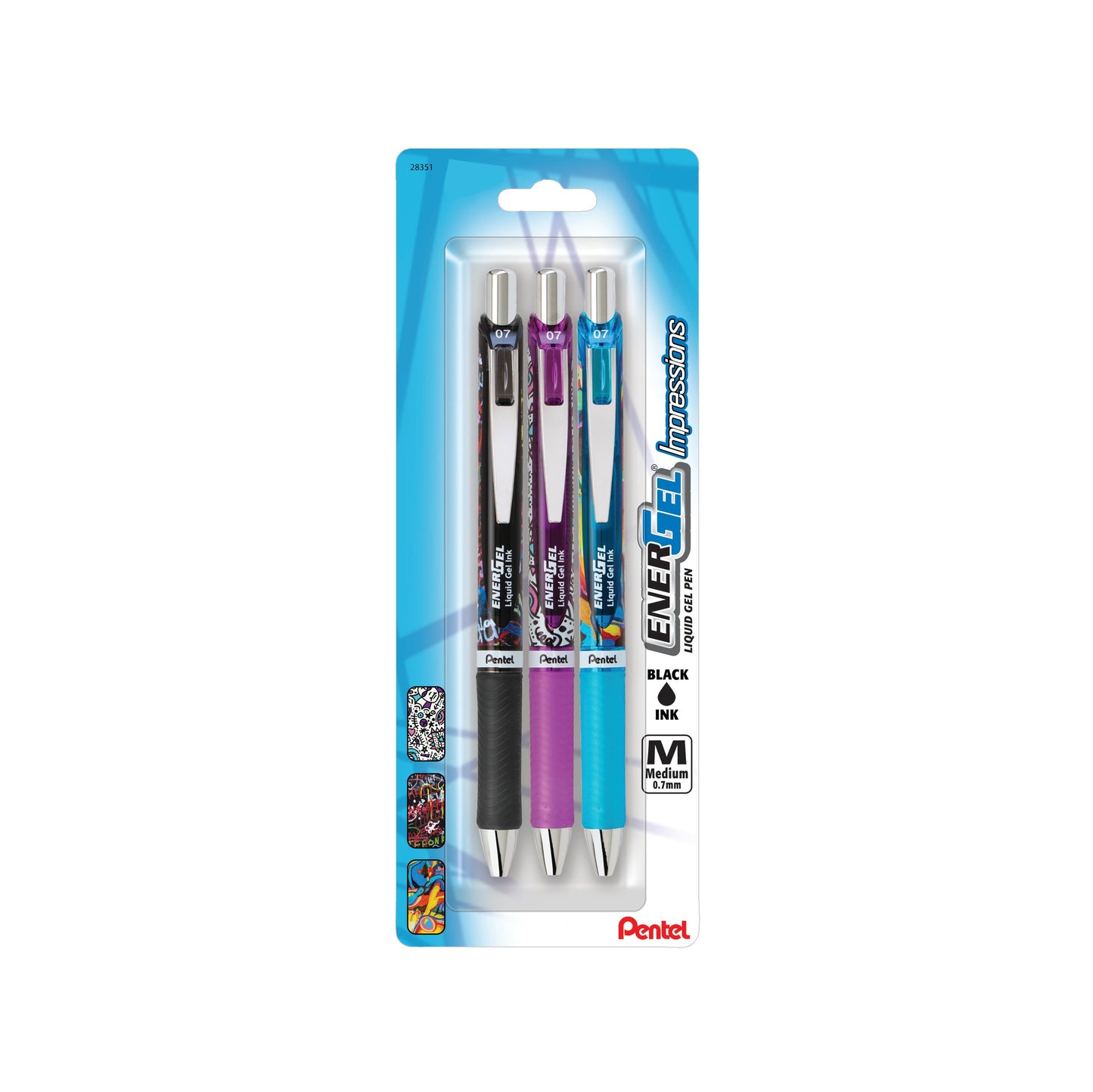 EnerGel RTX Impressions 0.7mm Med., Assorted Barrels, Black Ink, 3-pk (BL77IMPR3M)