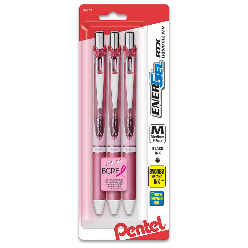 PINK BCA Ribbon EnerGel RTX Retractable Liquid Gel Pen, (0.7mm) Metal Tip, Medium Line,Pink Barrel, Black Ink, 3-Pk (BL77PBP3A-BC)