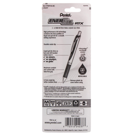 Pentel PINK BCA Ribbon EnerGel RTX Retractable Liquid Gel Pen, (0.7mm) Metal Tip, Medium Line,Pink Barrel, Black Ink, 3-Pk (BL77PBP3A-BC), 144 Each