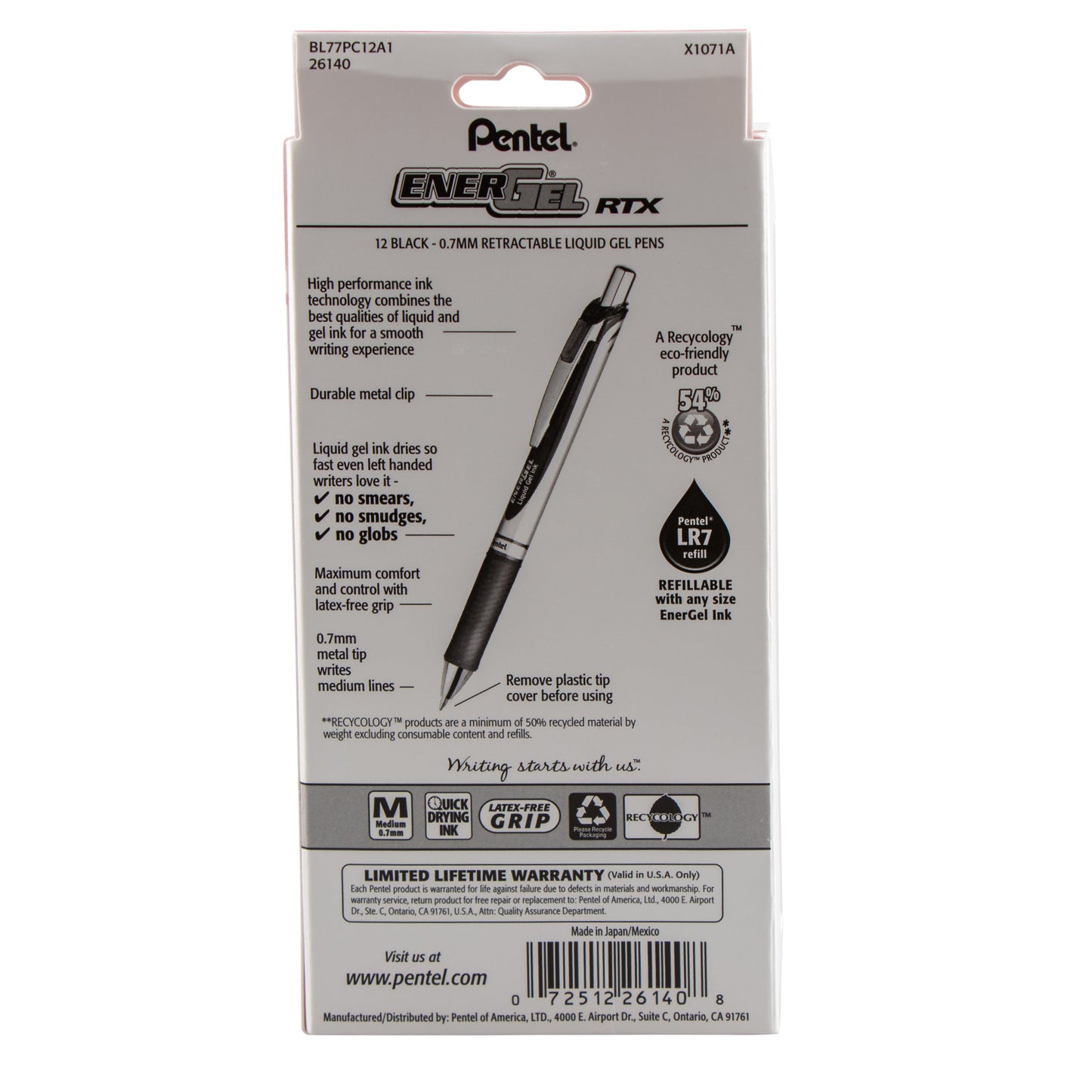 EnerGel RTX Retractable Liquid Gel Pen, (0.7mm) Metal Tip, Medium Line,0.7mm, Black Ink, 12-Pk Hanging Window Box (BL77PC12A1)