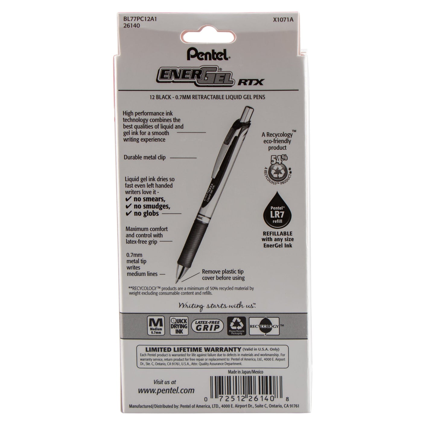 Pentel EnerGel RTX Retractable Liquid Gel Pen, (0.7mm) Metal Tip, Medium Line,0.7mm, Black Ink, 12-Pk Hanging Window Box (BL77PC12A1)