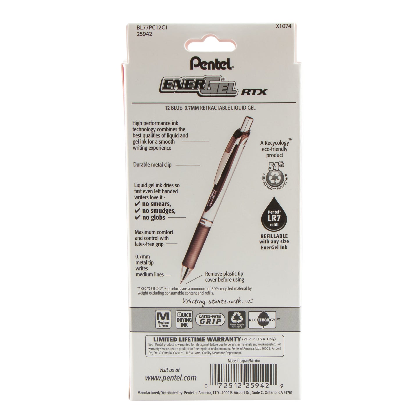 Pentel EnerGel RTX Retractable Liquid Gel Pen, (0.7mm) Metal Tip, Medium Line,0.7mm, Blue Ink, 12-Pk Hanging Window Box (BL77PC12C1)