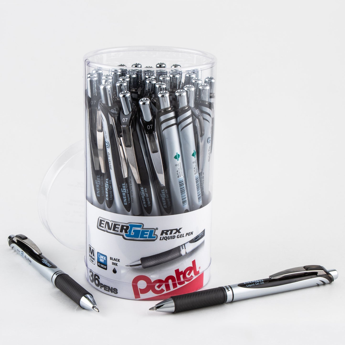 Pentel EnerGel RTX Retractable Liquid Gel Pen, (0.7mm) Metal Tip, Medium Line, Canister Black Ink, 36pk (BL77PC36A)