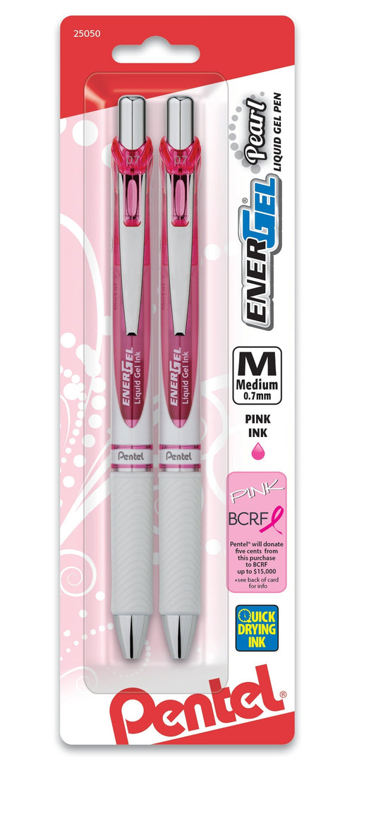 Pentel PINK BCA EnerGel Pearl Retractable Liquid Gel Pen, (0.7mm) Metal Tip, Medium Line, Pink Accent, Pink Ink 2-Pk (BL77WBP2PP), 144 Each