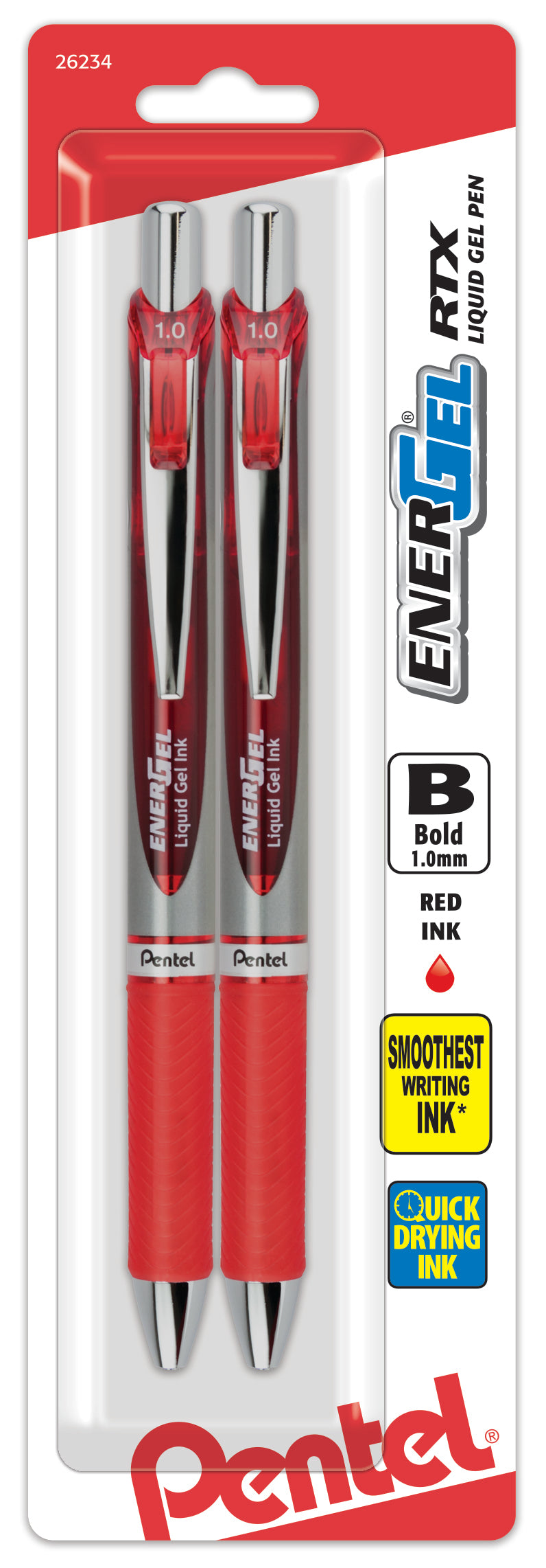 Pentel EnerGel RTX Retractable Liquid Gel Pen, (1.0mm) Metal Tip, Bold Line, Red Ink 2-Pk (BL80BP2B)