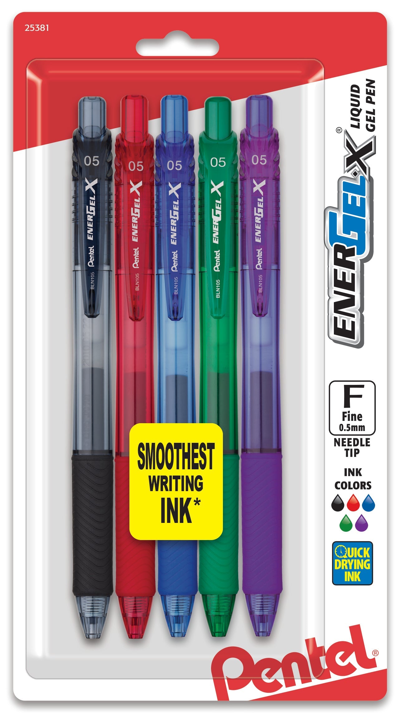 EnerGel-X Retractable Liquid Gel Pen, (0.5mm) Needle Tip, Fine Line, Assorted Ink (A/B/C/D/V) 5-Pk (BLN105BP5M)