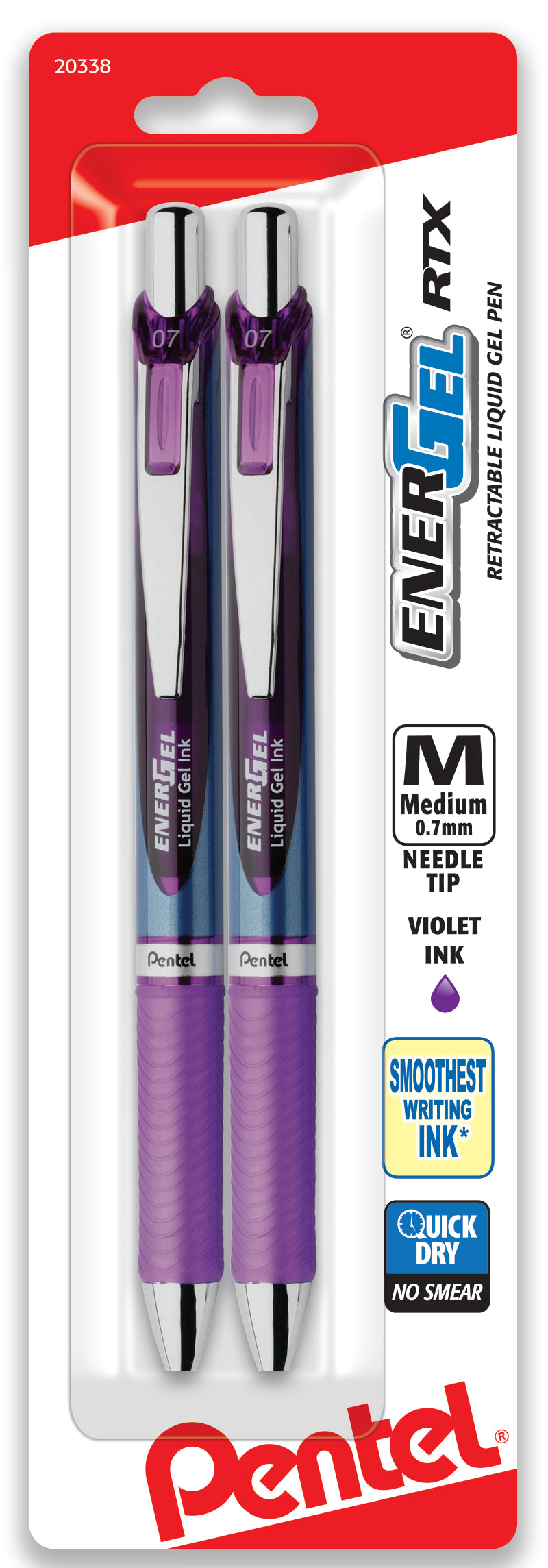 EnerGel RTX Retractable Liquid Gel Pen, (0.7mm) Needle Tip, Medium Line, Violet Ink 2-Pk (BLN77BP2V)