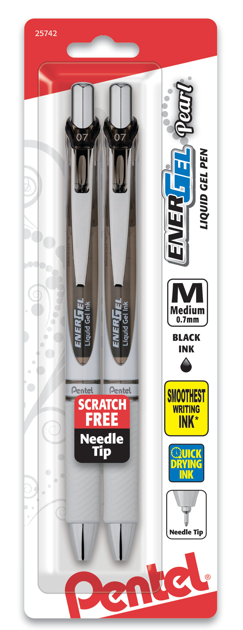 EnerGel Pearl Retractable Liquid Gel Pen, Needle Tip (0.7mm) Medium Line, Black Ink, 2-Pk (BLN77WBP2A)