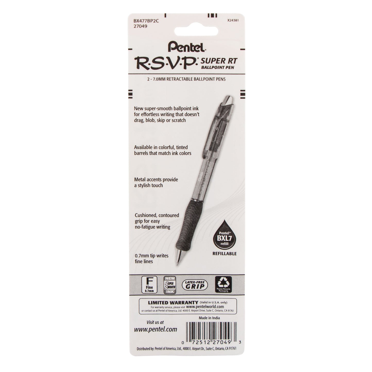 Pentel RSVP Super RT Ballpoint Pen, (0.7mm) Fine Line, Blue Ink, 2-Pk (BX477BP2C)