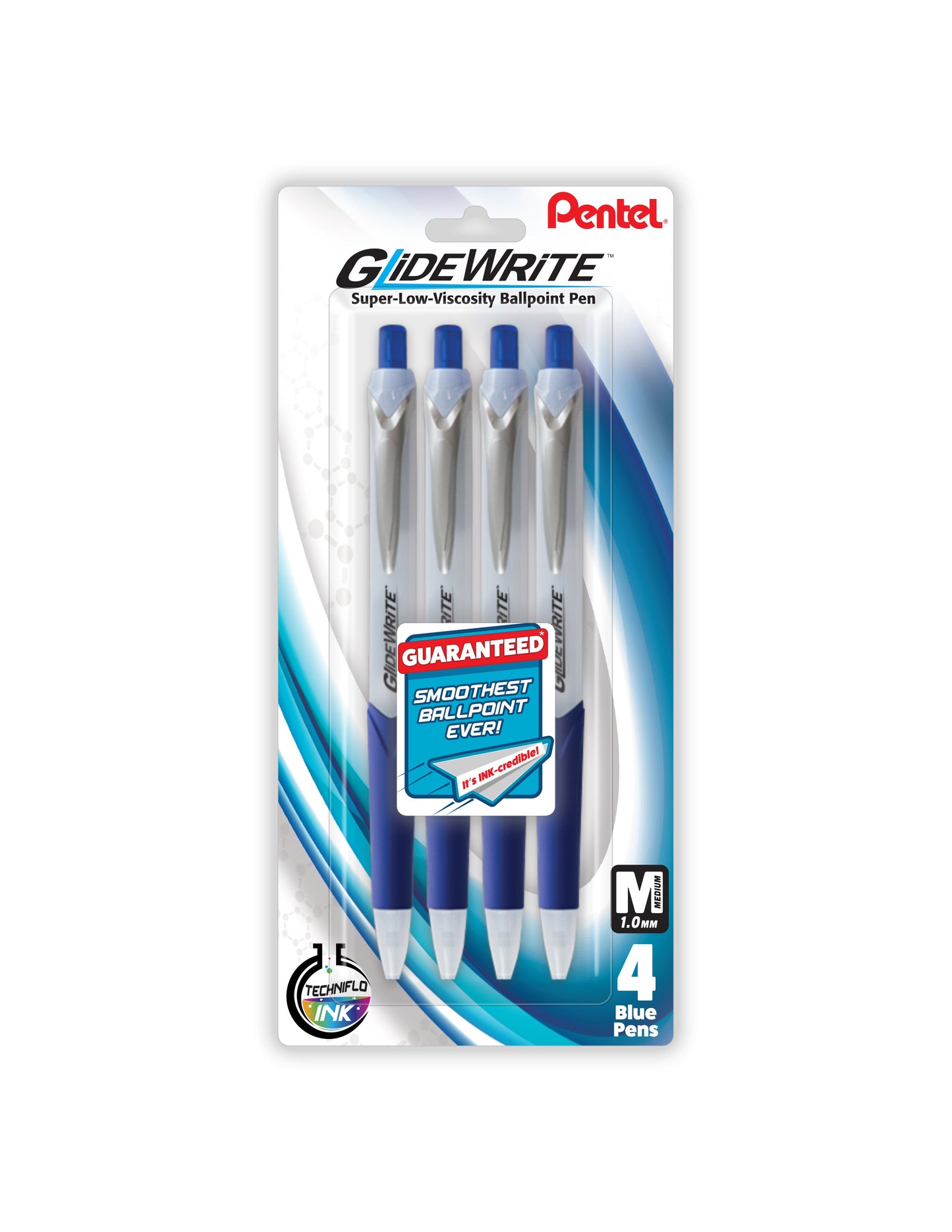 GlideWrite Ballpoint Pen with TechniFlo Ink, (1.0mm) Medium Line, Blue Ink, 4-Pk (BX910BP4C)