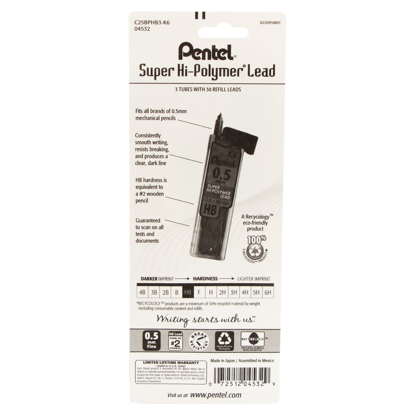 Super Hi-Polymer Lead Refill (0.5mm) Fine, HB, 30 pcs/Tube 3-Pk (C25BPHB3-K6)