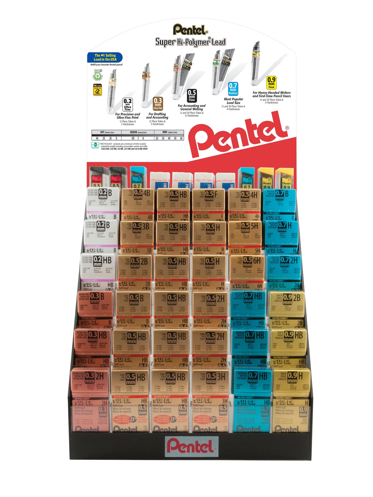 Super Hi-Polymer Lead Refill (0.2/0.3/0.5/0.7/0.9mm), Open Stock Display - 480 Pieces (HP-36)