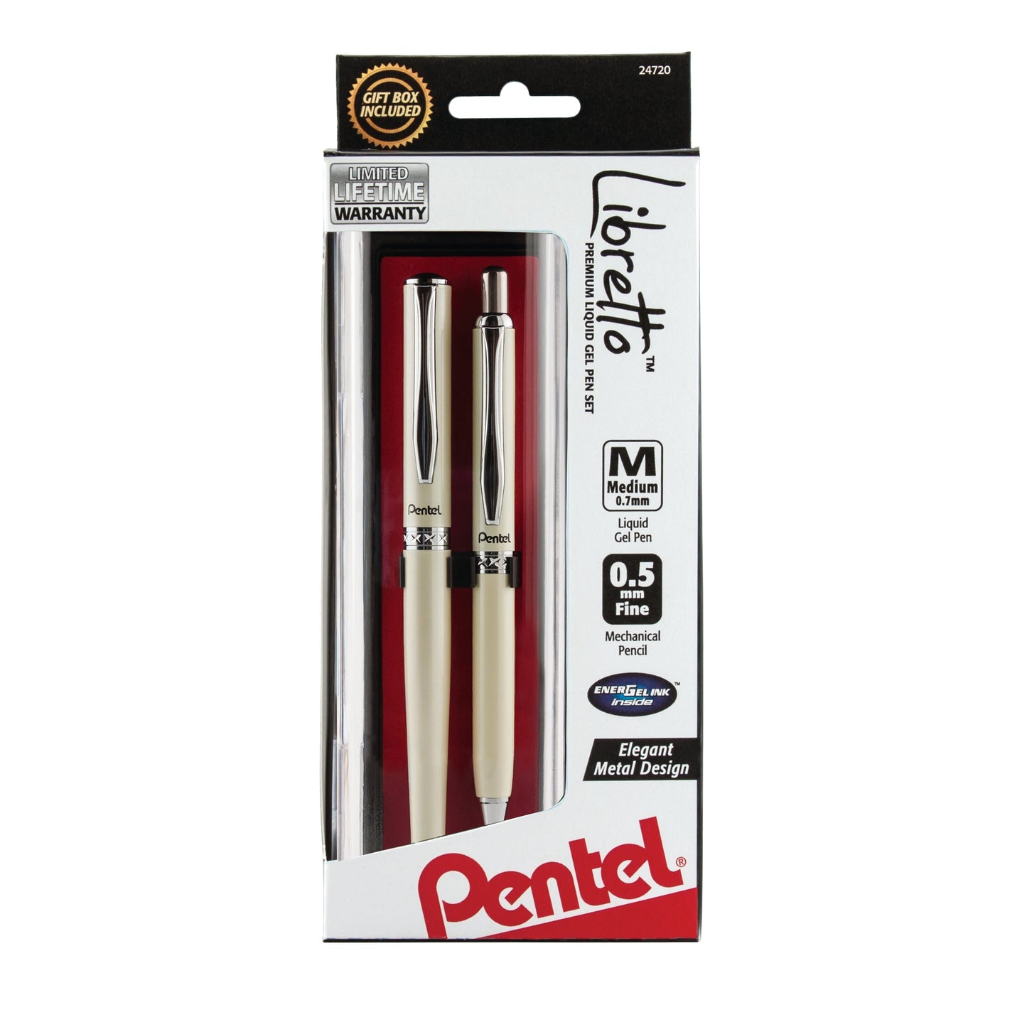 Libretto (0.7mm) EnerGel Pen, and (0.5mm) Pencil Set, w/ Gift Box, Cream Barrels, Black Ink (K6A8BPWA)