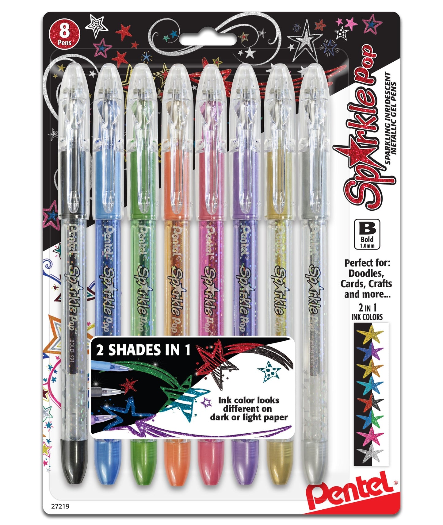Pentel Sparkle Pop Metallic Gel Pen, (1.0mm) Bold Line, Assorted Ink (A/C/D/F/P/V/X/Z), 8-Pk (K91BP8M)