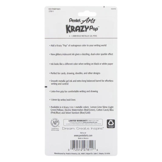 Pentel Arts Krazy Pop Iridescent Gel Pen, (1.0mm) Bold line, Assorted Ink (XC/BD/CP/DG), 4-pk (K91PABP4M3)