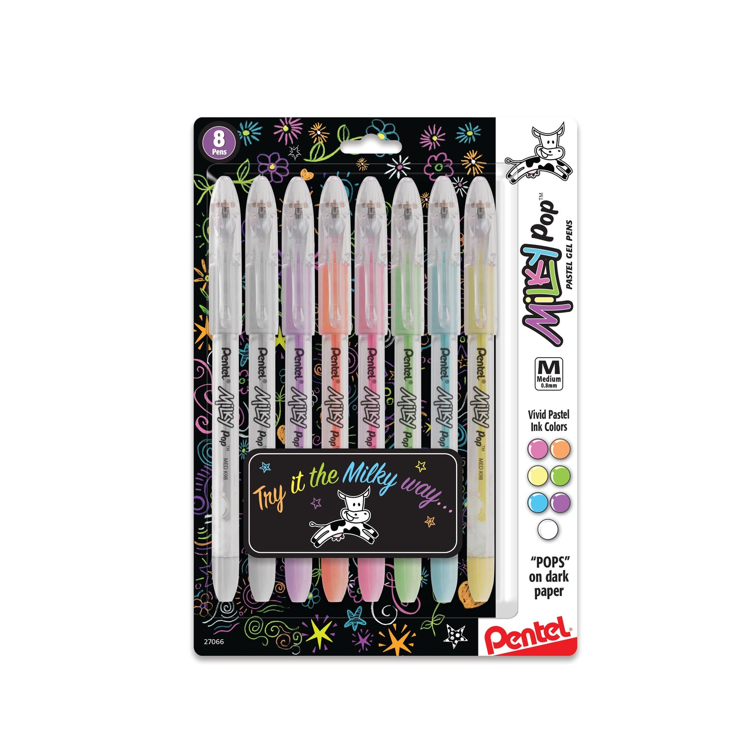Milky Pop Pastel Gel Pen, (0.8mm) Medium Line, Assorted Ink (F/G/K/P/S/V/2W), 8-Pk (K98BP8M)