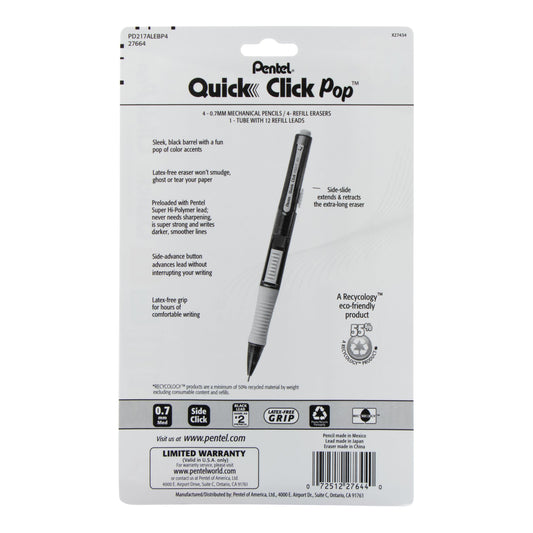 Pentel QUICK CLICK Pop Mechanical Pencil, (0.7mm) Medium 2B Lead, with 2B Lead and (4) Eraser Refills, 4-pk (PD217ALEBP4), 72 Each
