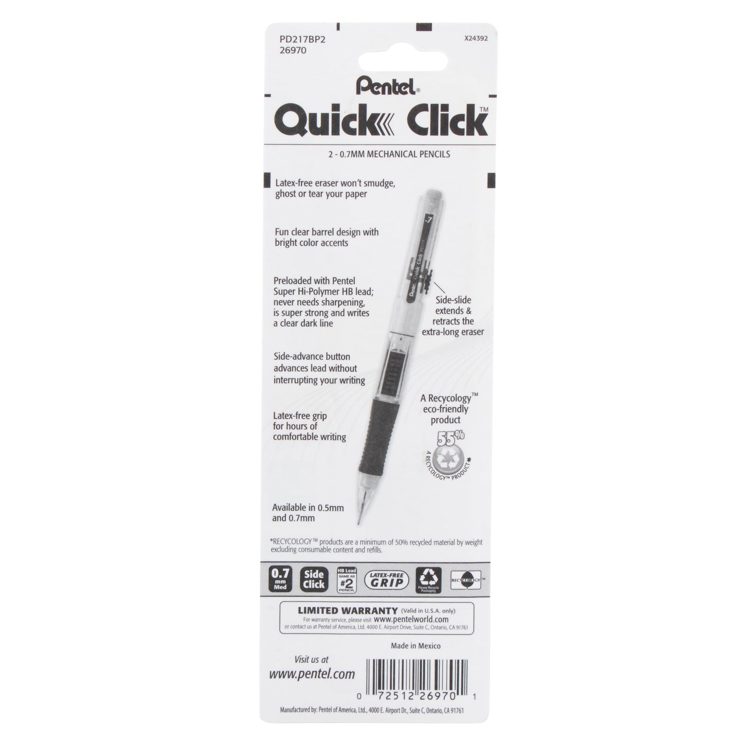 QUICK CLICK Mechanical Pencil (0.7mm), Assorted Barrels, 2-Pk (PD217BP2)