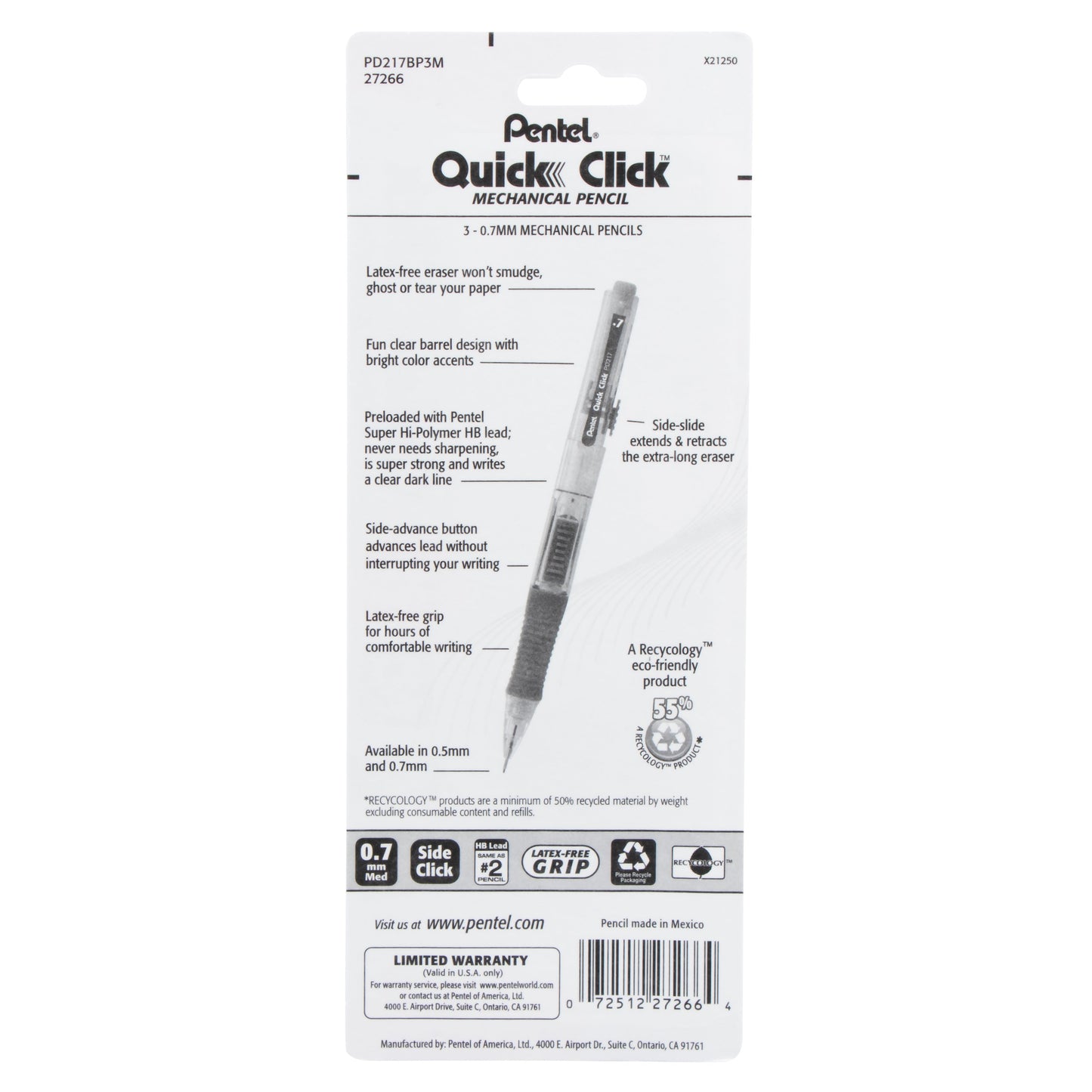 Quick Click Mechanical Pencil, (0.7mm) Medium line, Assorted Colors - 3-pk (PD217BP3M)