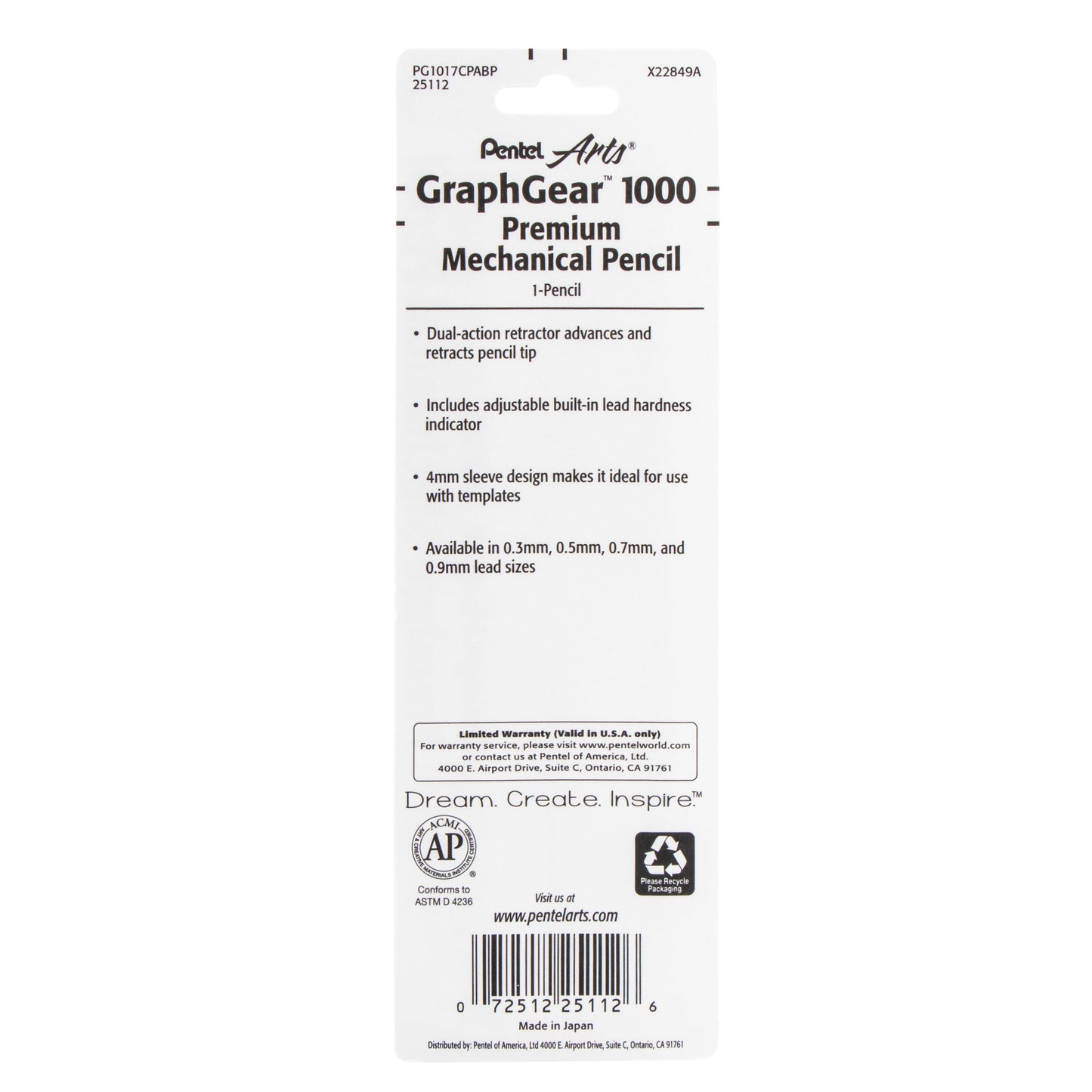 Pentel Arts GraphGear 1000 Automatic Drafting Pencil (0.7mm), 1-Pk (PG1017CPABP)