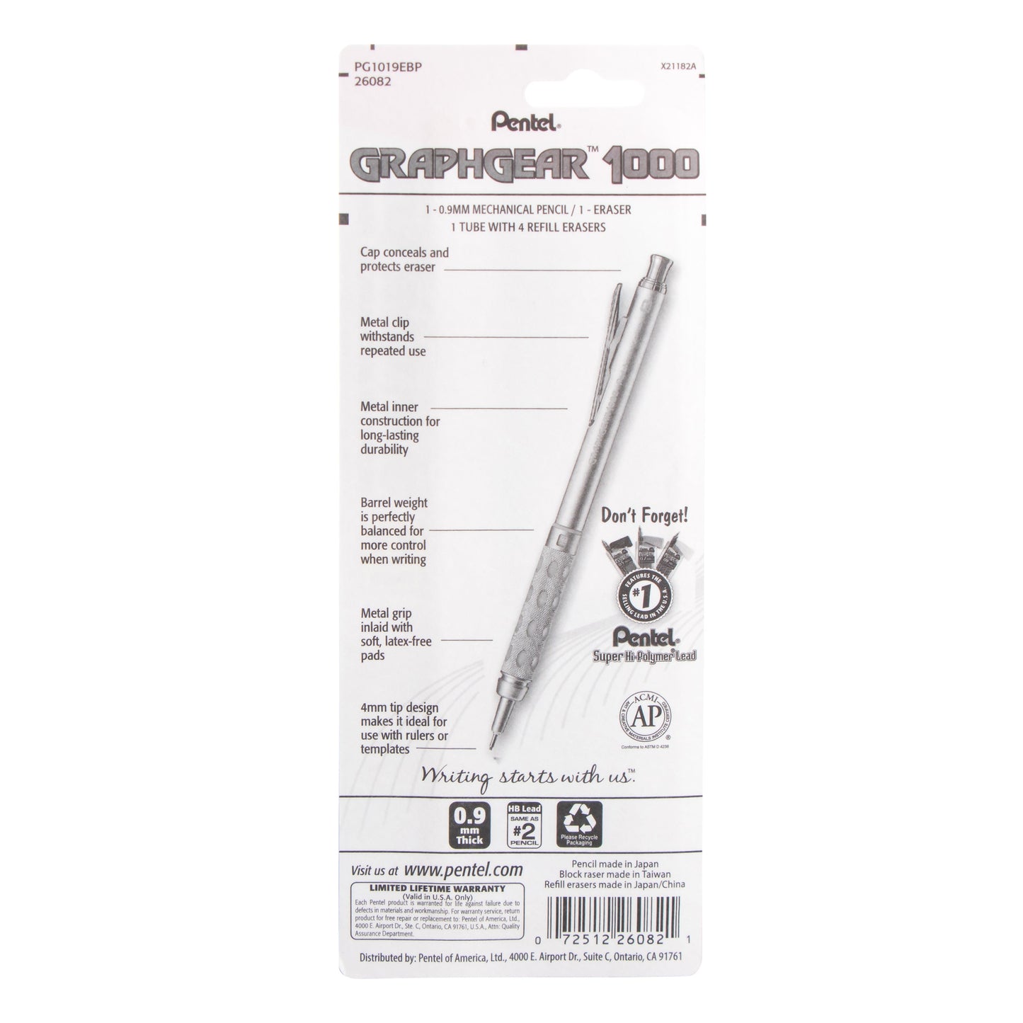 GraphGear 1000 Automatic Drafting Pencil (0.9mm), Eraser Refills, 1-Pk (PG1019EBP)