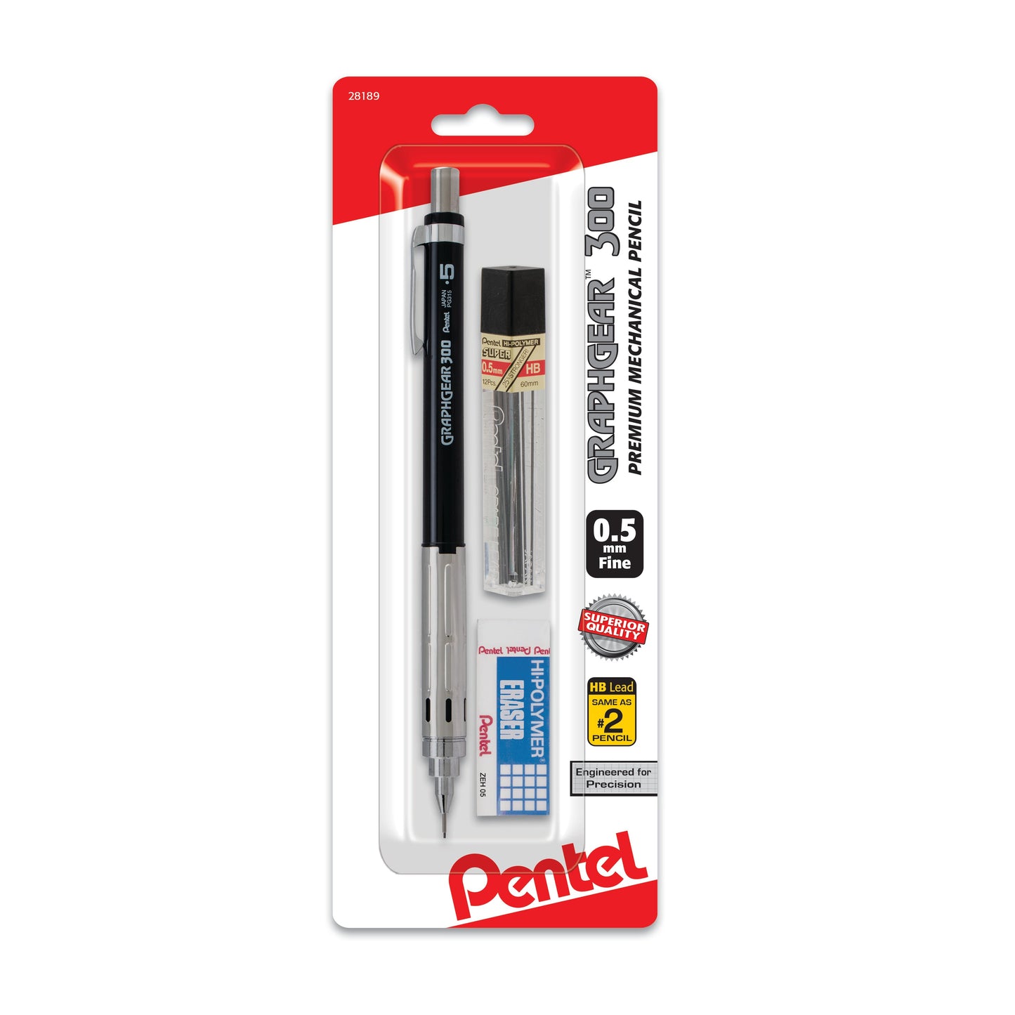 GraphGear 300 Mechanical Pencil, (0.5mm) Fine line, Assorted Barrels, with small block eraser + 1 refill lead tube (12 ea/ tube), 1-pk (PG315TLEBP)