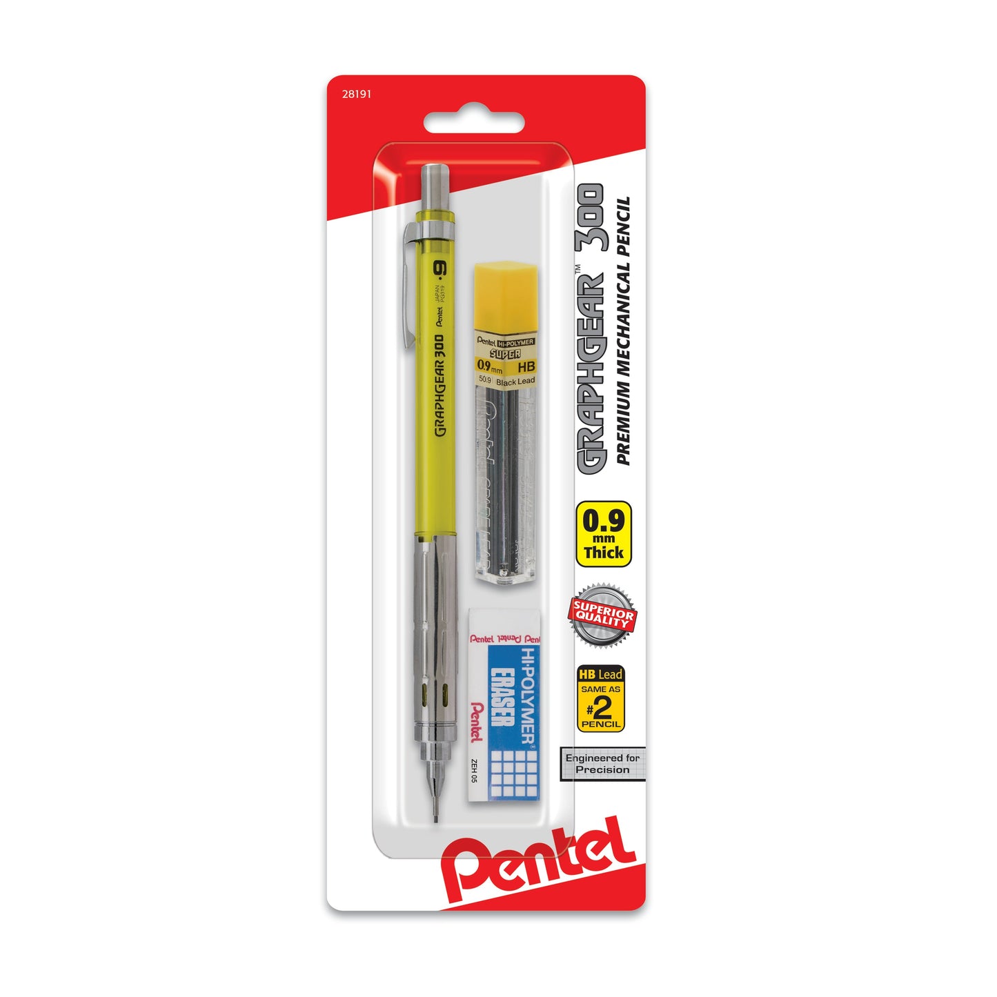 GraphGear 300 Mechanical Pencil, (0.9mm) Thick line, Assorted Barrels, with small block eraser + 1 refill lead tube (12 ea/ tube), 1-pk (PG319TLEBP)