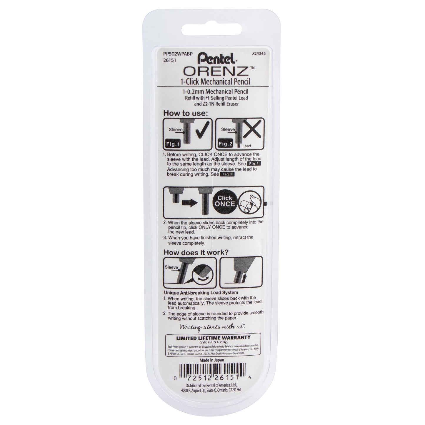 Pentel Arts ORENZ 1-Click Mechanical Pencil (0.2mm) White Barrel, 1-Pk, Japan Style Graphics (PP502WPABP)