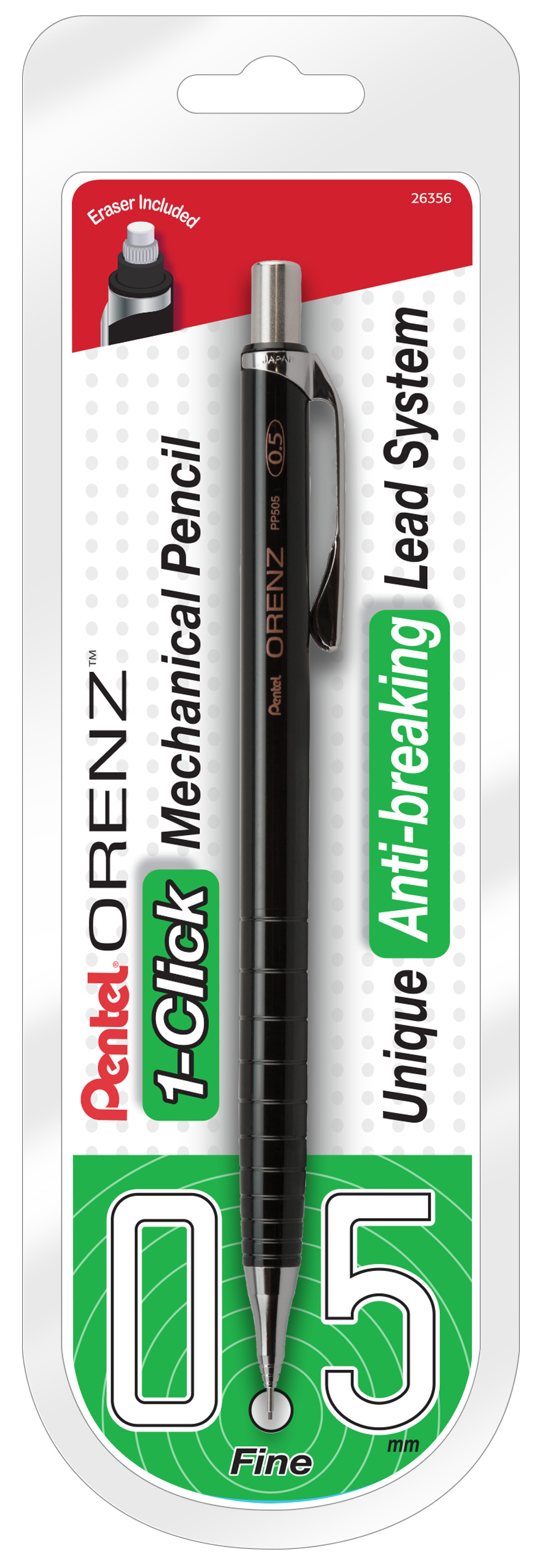 ORENZ 1-Click Mechanical Pencil 0.5mm, Black Barrel, 1pk, Red Card (PP505BP)