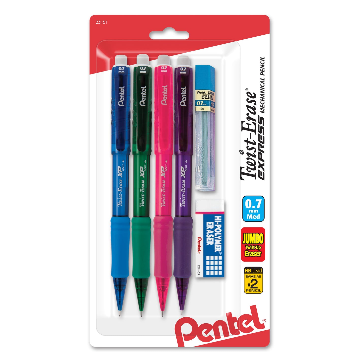 Twist-Erase EXPRESS Mechanical Pencil (0.7mm) Assorted Barrel Colors 4-Pk, Lead + Small Block Eraser (QE417FLZBP4)