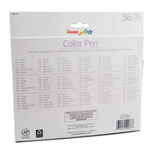 Pentel Arts Color Pen 36-Color Set (S360-36), 24 Each