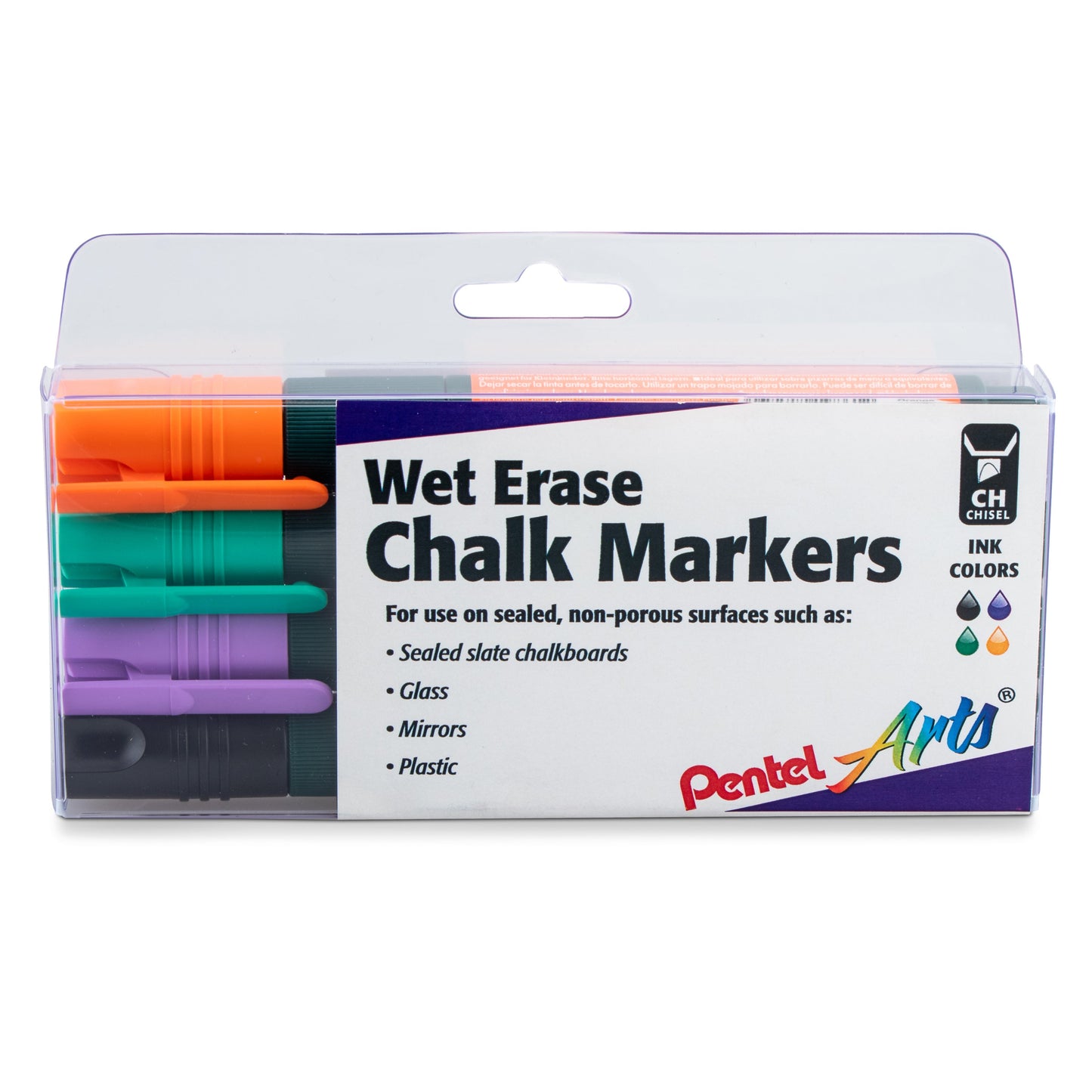 Pentel Arts Wet Erase Chalk Marker Set, Chisel Tip, Assorted (ADFV) 4-Pk Plastic BOX (SMW26PC4M1)
